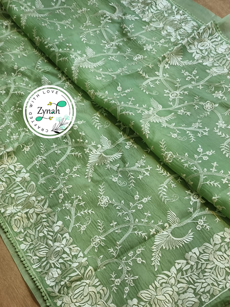 Zynah Green Color Pure Organza Silk Saree with Parsi Gara Inspired Embroidery & Crochet Lace; Custom Stitched/Ready-made Blouse, Fall, Petticoat; Shipping available USA, Worldwide