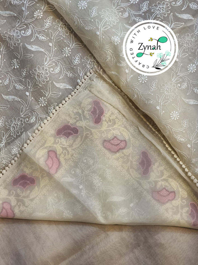 Zynah Off-White Color Pure Organza Silk Chikankari  Embroidery Saree with Crochet Lace  in Pastel Shades; Available in many colors; stitched readymade blouse,fall,petticoat,available in USA