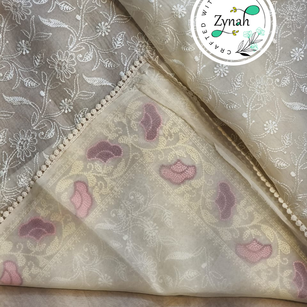 Zynah Off-White Color Pure Organza Silk Chikankari  Embroidery Saree with Crochet Lace  in Pastel Shades; Available in many colors; stitched readymade blouse,fall,petticoat,available in USA