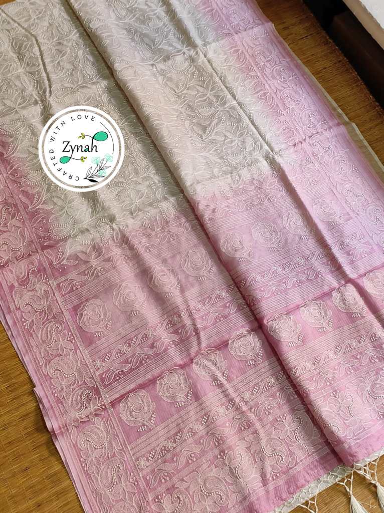 Zynah Off-White & Pink Color Pure Tussar Kota Silk Saree with Heavy Chikankari Embroidery; Custom Stitched/Ready-made Blouse, Fall, Petticoat; Shipping available USA, Worldwide