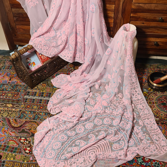 Zynah Powder Pink Georgette Lucknowi Hand embroidered Chikankari Saree; Custom Stitched/Ready-made Blouse, Fall, Petticoat; Shipping available USA, Worldwide
