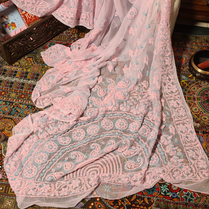Zynah Powder Pink Georgette Lucknowi Hand embroidered Chikankari Saree; Custom Stitched/Ready-made Blouse, Fall, Petticoat; Shipping available USA, Worldwide