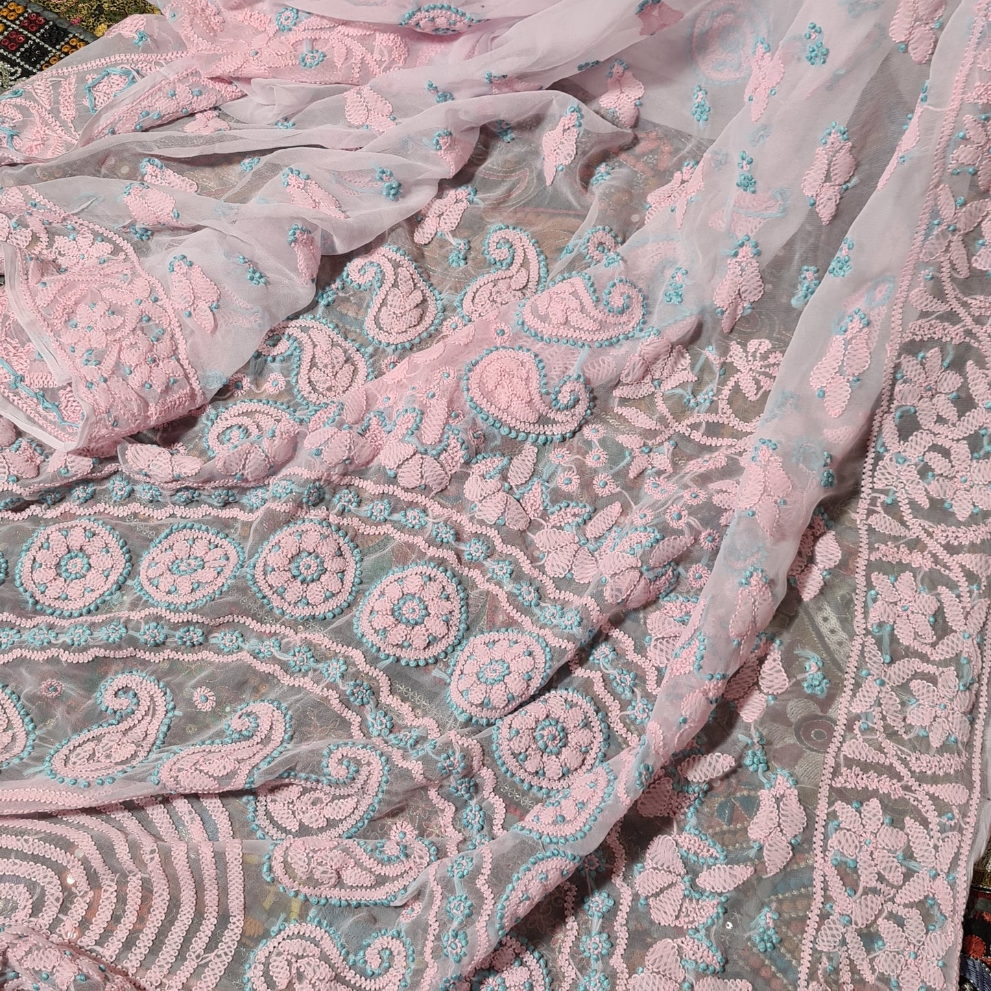 Zynah Powder Pink Georgette Lucknowi Hand embroidered Chikankari Saree; Custom Stitched/Ready-made Blouse, Fall, Petticoat; Shipping available USA, Worldwide