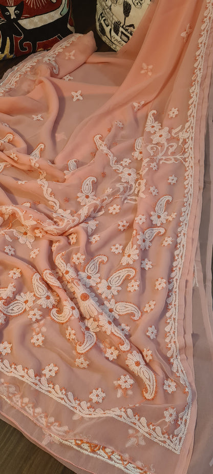 Zynah Peach color Georgette Lucknowi Hand embroidered Chikankari Saree; Custom Stitched/Ready-made Blouse, Fall, Petticoat; Shipping available USA, Worldwide