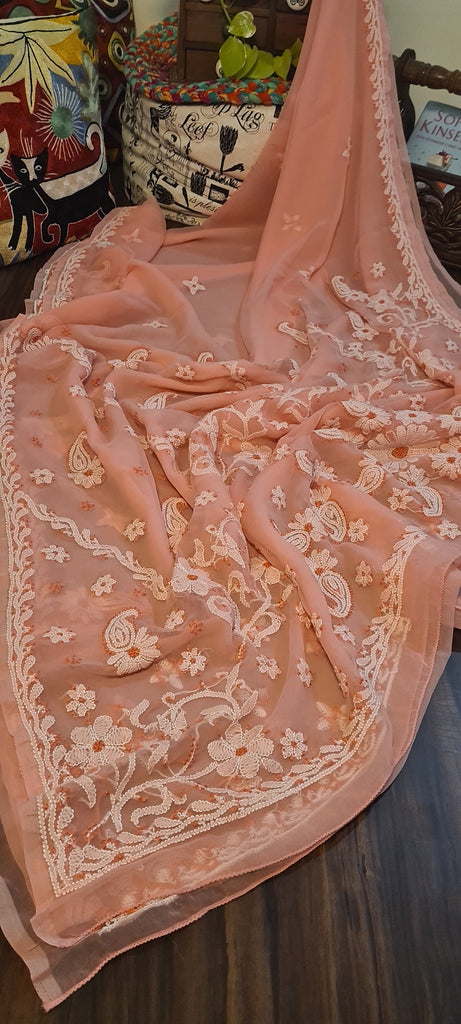 Zynah Peach color Georgette Lucknowi Hand embroidered Chikankari Saree; Custom Stitched/Ready-made Blouse, Fall, Petticoat; Shipping available USA, Worldwide
