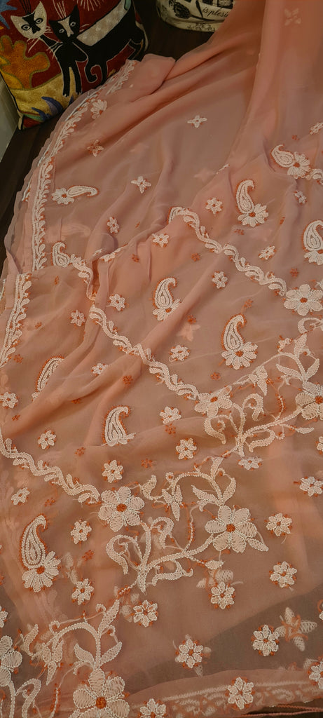 Zynah Peach color Georgette Lucknowi Hand embroidered Chikankari Saree; Custom Stitched/Ready-made Blouse, Fall, Petticoat; Shipping available USA, Worldwide