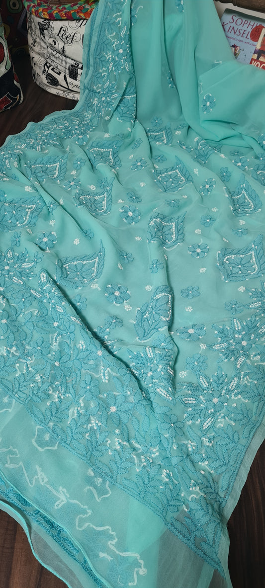 Zynah Teal green colored Georgette Lucknowi Hand embroidered Chikankari Saree; Custom stitched/ readymade blouse,fall,petticoat,available in USA
