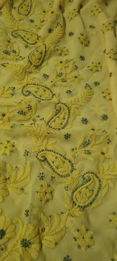 Zynah Lemon Yellow colored Georgette Lucknowi Hand embroidered Chikankari Saree; Custom Stitched/Ready-made Blouse, Fall, Petticoat; Shipping available USA, Worldwide