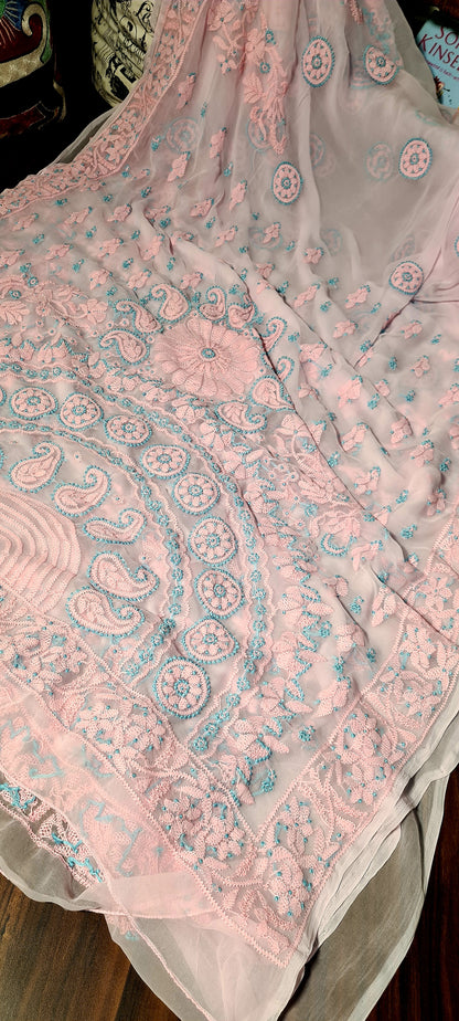 Zynah Powder Pink Georgette Lucknowi Hand embroidered Chikankari Saree; Custom Stitched/Ready-made Blouse, Fall, Petticoat; Shipping available USA, Worldwide