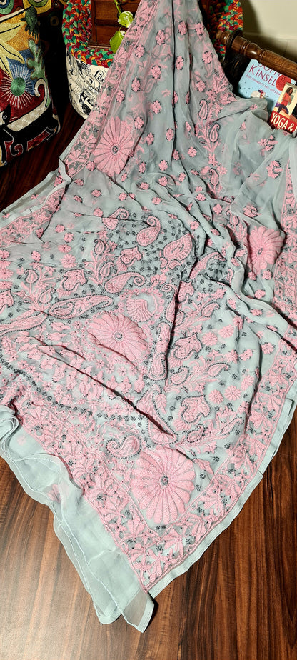 Zynah Grey colored Georgette Lucknowi Hand embroidered Chikankari Saree; Custom Stitched/Ready-made Blouse, Fall, Petticoat; Shipping available USA, Worldwide