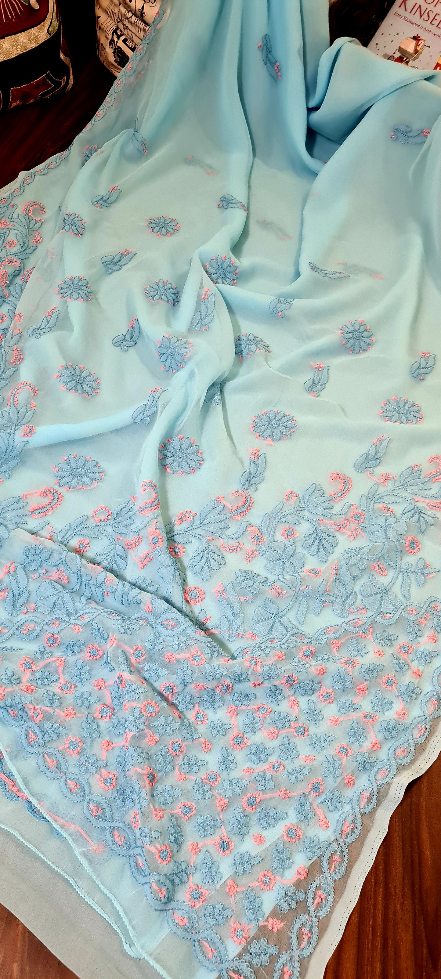 Zynah Sky blue colored Georgette Lucknowi Hand embroidered Chikankari Saree ;Custom stitched/ readymade blouse,fall,petticoat,available in USA