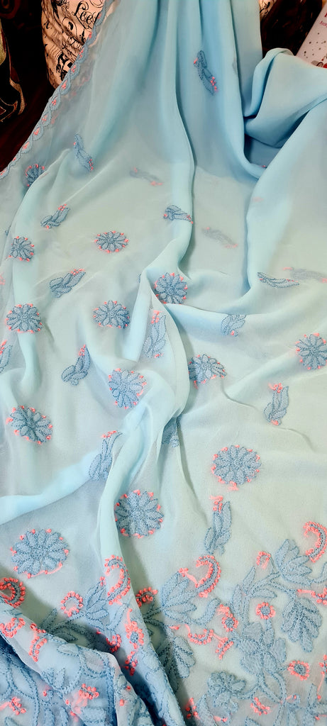 Zynah Sky blue colored Georgette Lucknowi Hand embroidered Chikankari Saree ;Custom stitched/ readymade blouse,fall,petticoat,available in USA