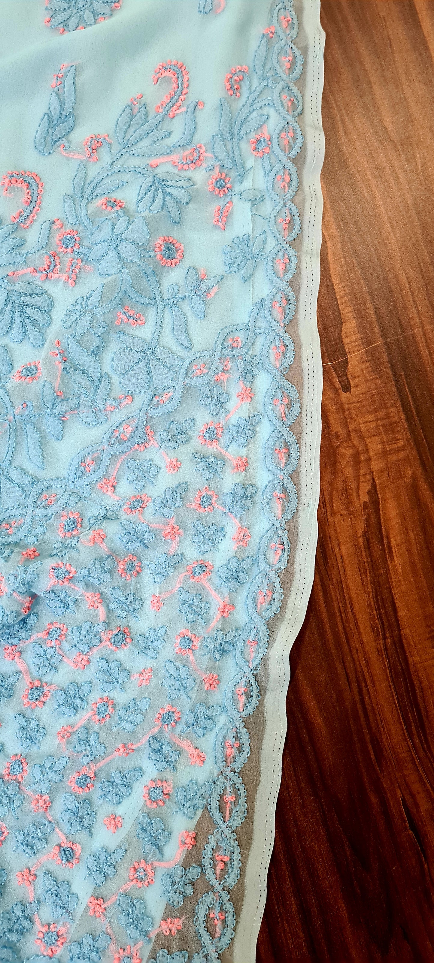 Zynah Sky blue colored Georgette Lucknowi Hand embroidered Chikankari Saree ;Custom stitched/ readymade blouse,fall,petticoat,available in USA