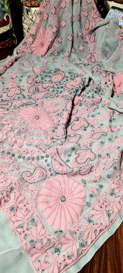 Zynah Grey colored Georgette Lucknowi Hand embroidered Chikankari Saree; Custom Stitched/Ready-made Blouse, Fall, Petticoat; Shipping available USA, Worldwide