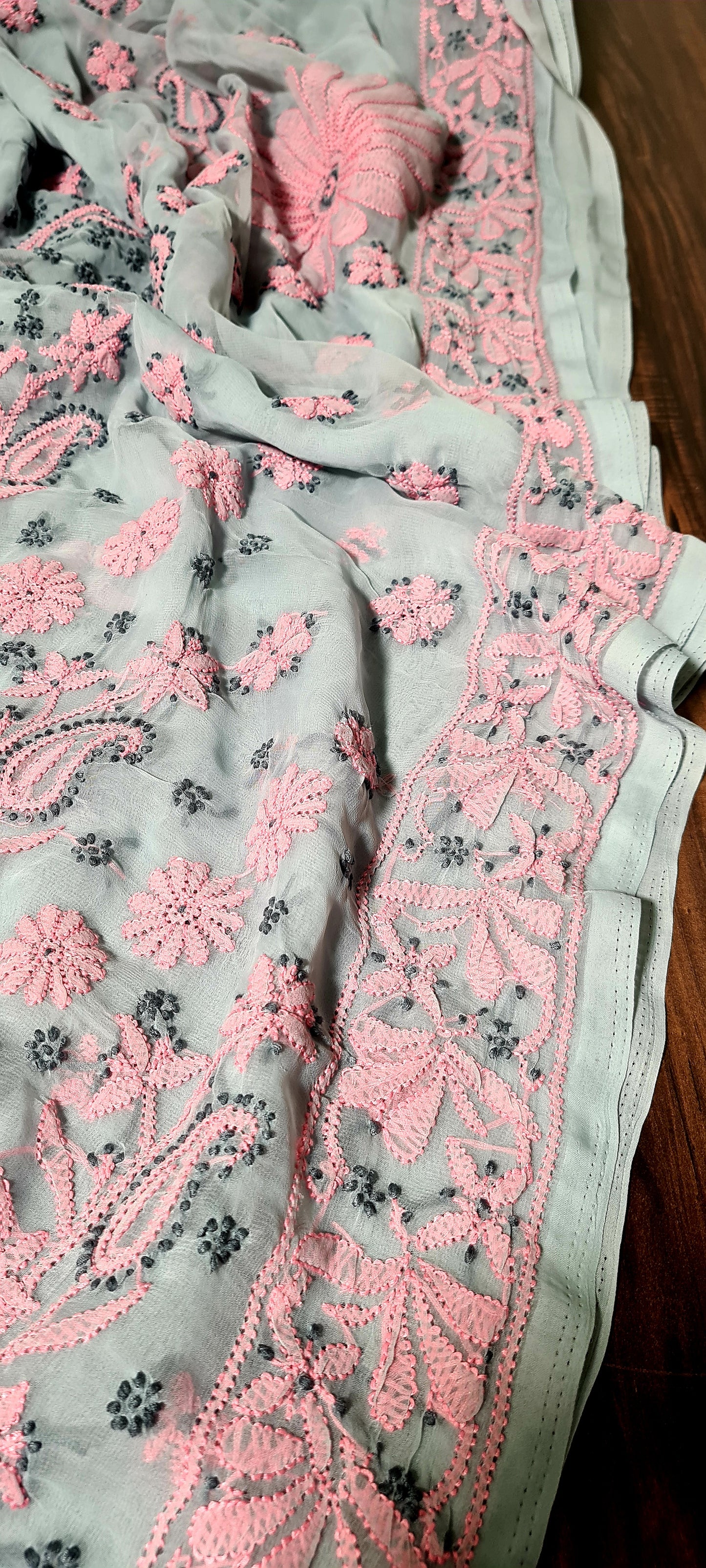 Zynah Grey colored Georgette Lucknowi Hand embroidered Chikankari Saree; Custom Stitched/Ready-made Blouse, Fall, Petticoat; Shipping available USA, Worldwide
