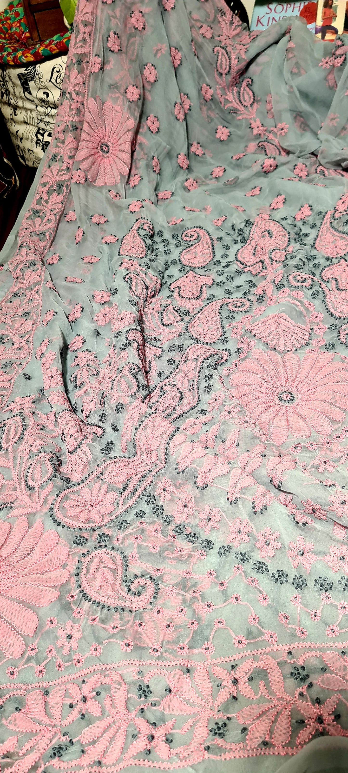 Zynah Grey colored Georgette Lucknowi Hand embroidered Chikankari Saree; Custom Stitched/Ready-made Blouse, Fall, Petticoat; Shipping available USA, Worldwide