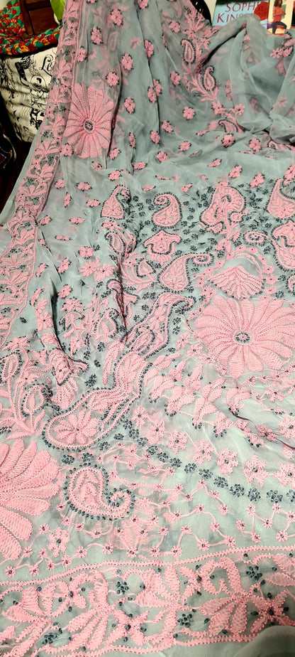 Zynah Grey colored Georgette Lucknowi Hand embroidered Chikankari Saree; Custom Stitched/Ready-made Blouse, Fall, Petticoat; Shipping available USA, Worldwide