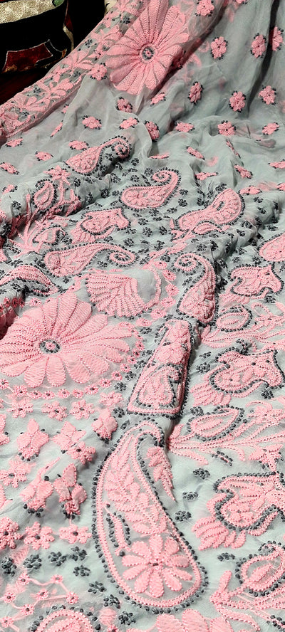 Zynah Grey colored Georgette Lucknowi Hand embroidered Chikankari Saree; Custom Stitched/Ready-made Blouse, Fall, Petticoat; Shipping available USA, Worldwide