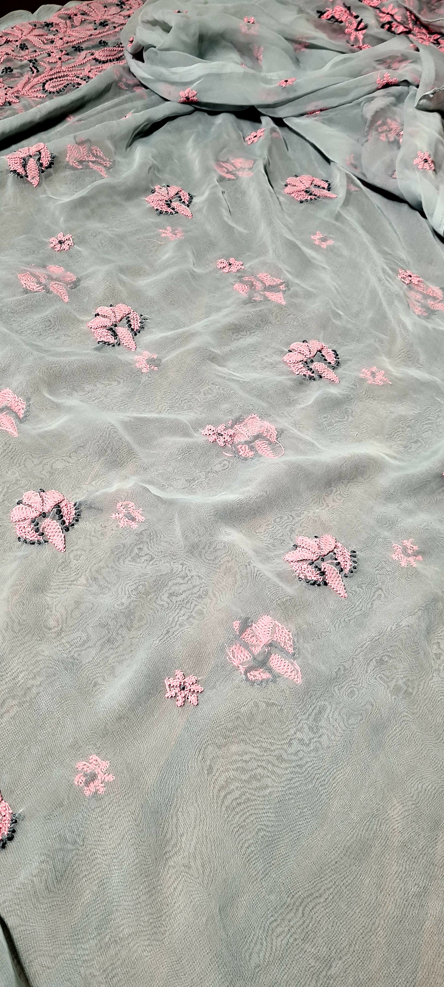 Zynah Grey colored Georgette Lucknowi Hand embroidered Chikankari Saree; Custom Stitched/Ready-made Blouse, Fall, Petticoat; Shipping available USA, Worldwide