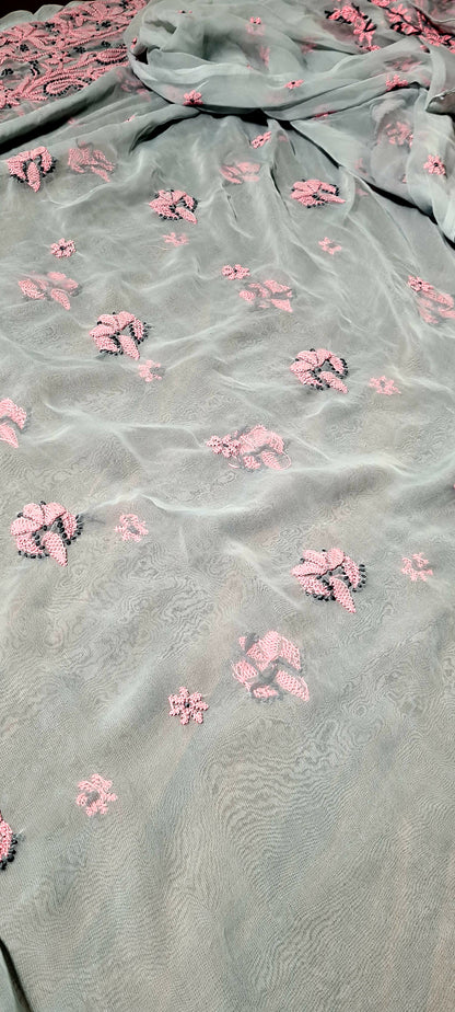 Zynah Grey colored Georgette Lucknowi Hand embroidered Chikankari Saree; Custom Stitched/Ready-made Blouse, Fall, Petticoat; Shipping available USA, Worldwide
