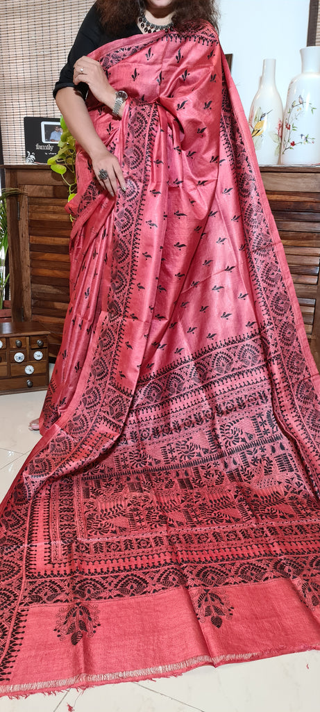 Zynah Cherry Red Pure Tussar Silk Kantha Handwork Saree; Custom Stitched/Ready-made Blouse, Fall, Petticoat; Shipping available USA, Worldwide
