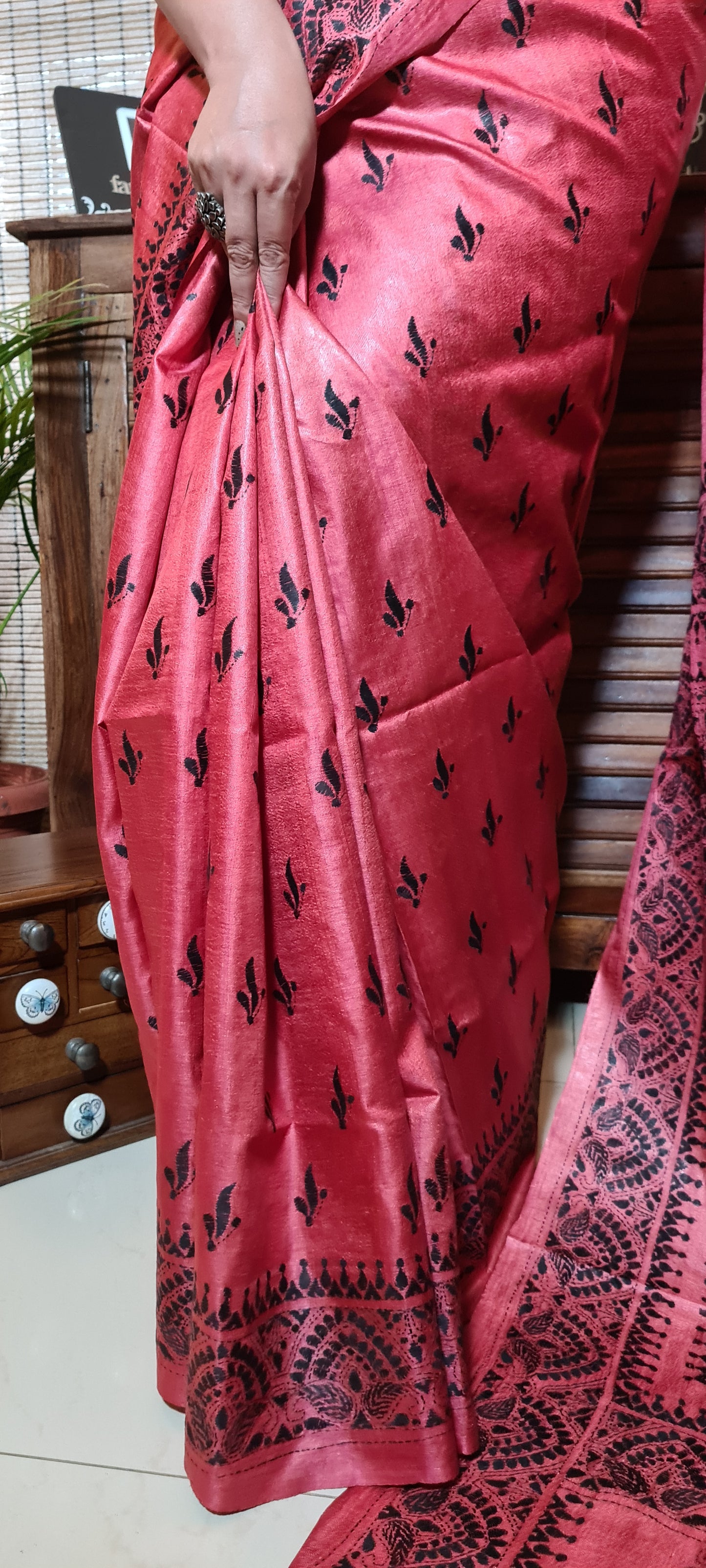 Zynah Cherry Red Pure Tussar Silk Kantha Handwork Saree; Custom Stitched/Ready-made Blouse, Fall, Petticoat; Shipping available USA, Worldwide