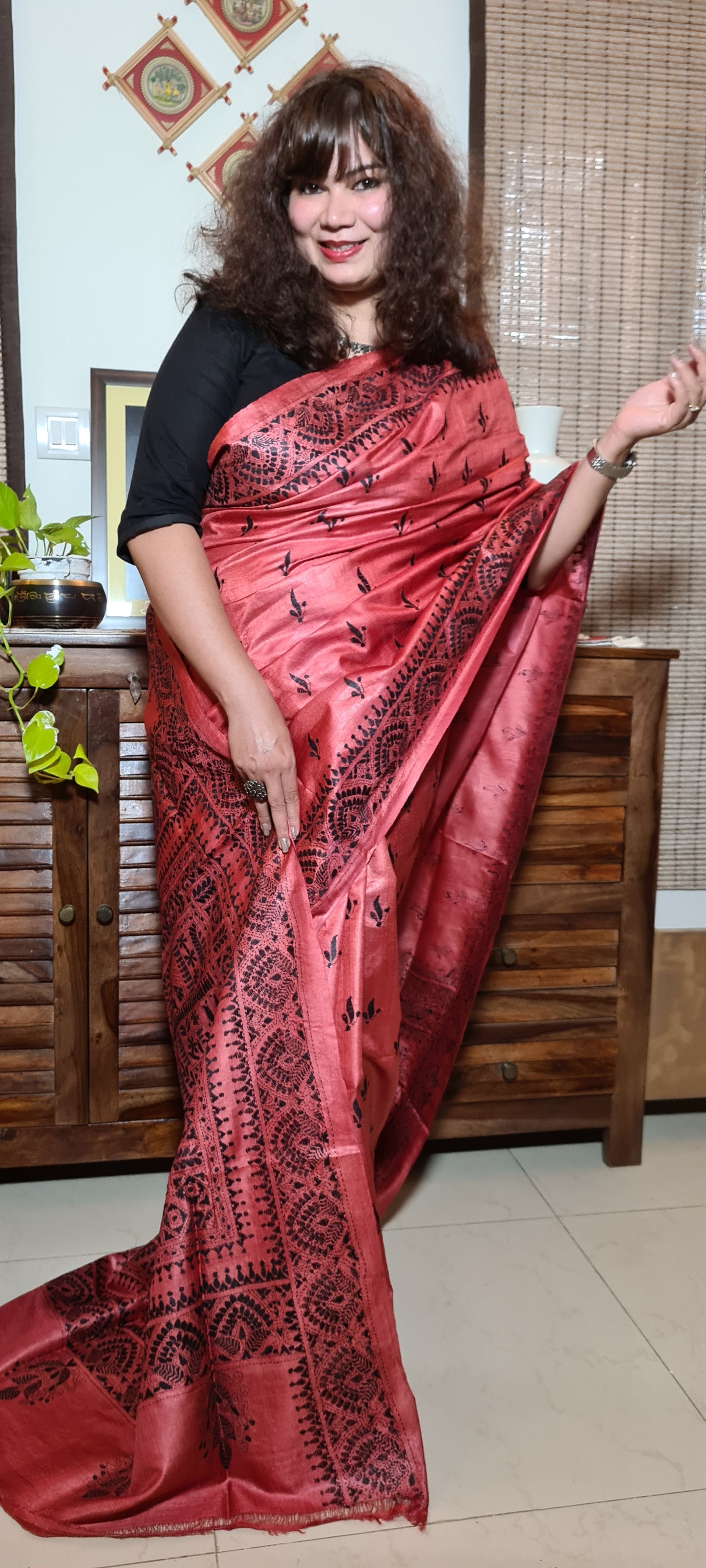 Zynah Cherry Red Pure Tussar Silk Kantha Handwork Saree; Custom Stitched/Ready-made Blouse, Fall, Petticoat; Shipping available USA, Worldwide