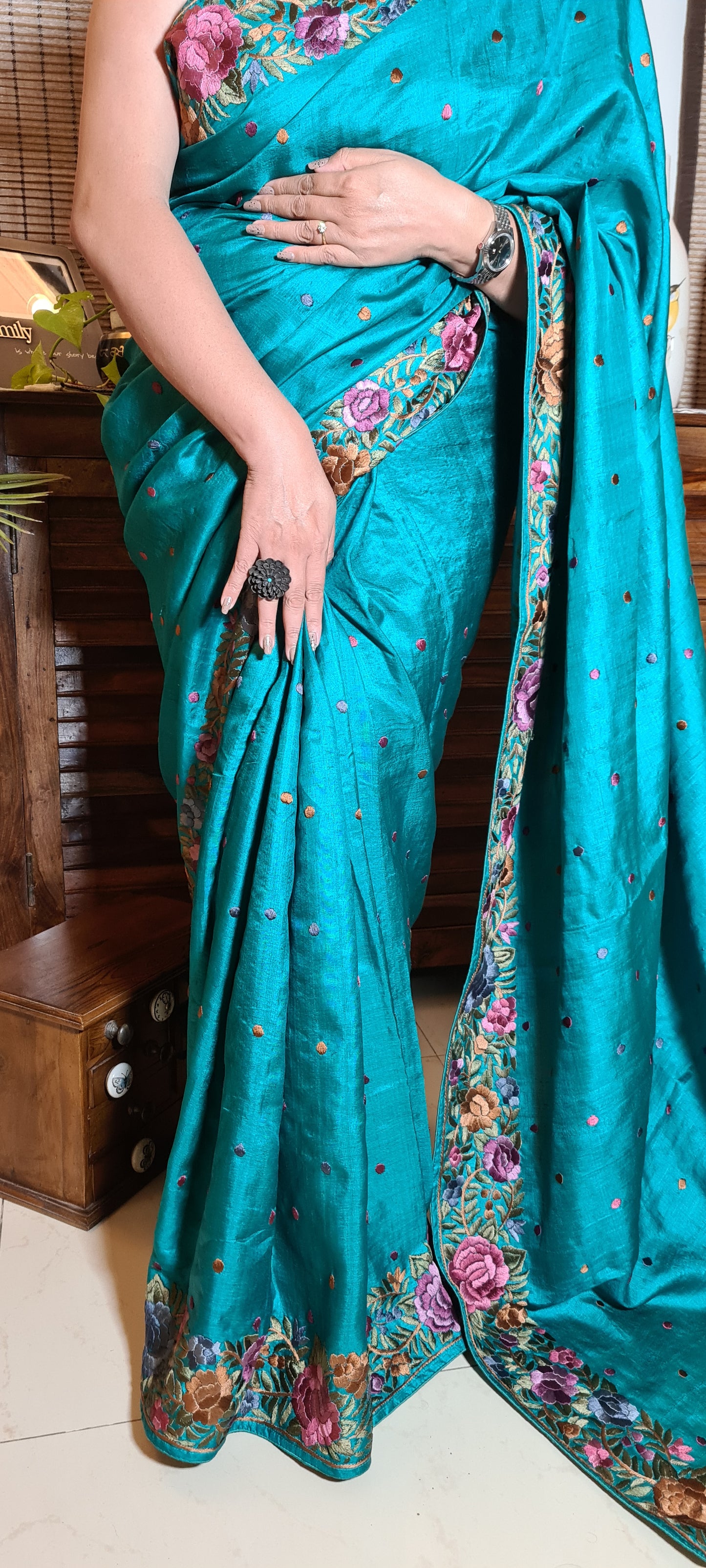 Zynah Made to Order Pure Tussar Silk Parsi Gara Handcrafted Saree; Custom Stitched/Ready-made Blouse, Fall, Petticoat; Shipping available USA, Worldwide
