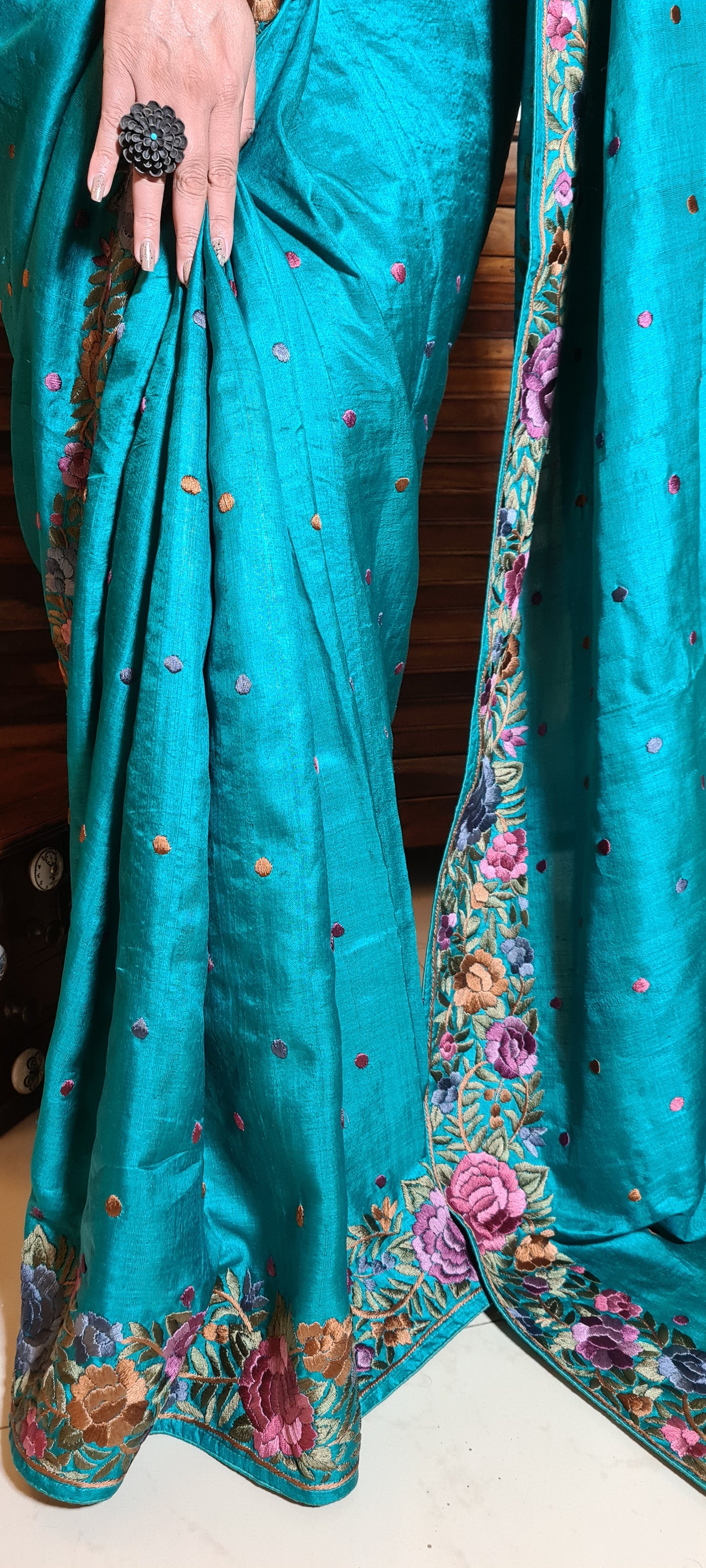 Zynah Made to Order Pure Tussar Silk Parsi Gara Handcrafted Saree; Custom Stitched/Ready-made Blouse, Fall, Petticoat; Shipping available USA, Worldwide