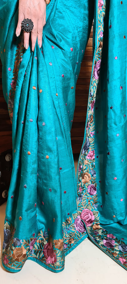 Zynah Made to Order Pure Tussar Silk Parsi Gara Handcrafted Saree; Custom Stitched/Ready-made Blouse, Fall, Petticoat; Shipping available USA, Worldwide