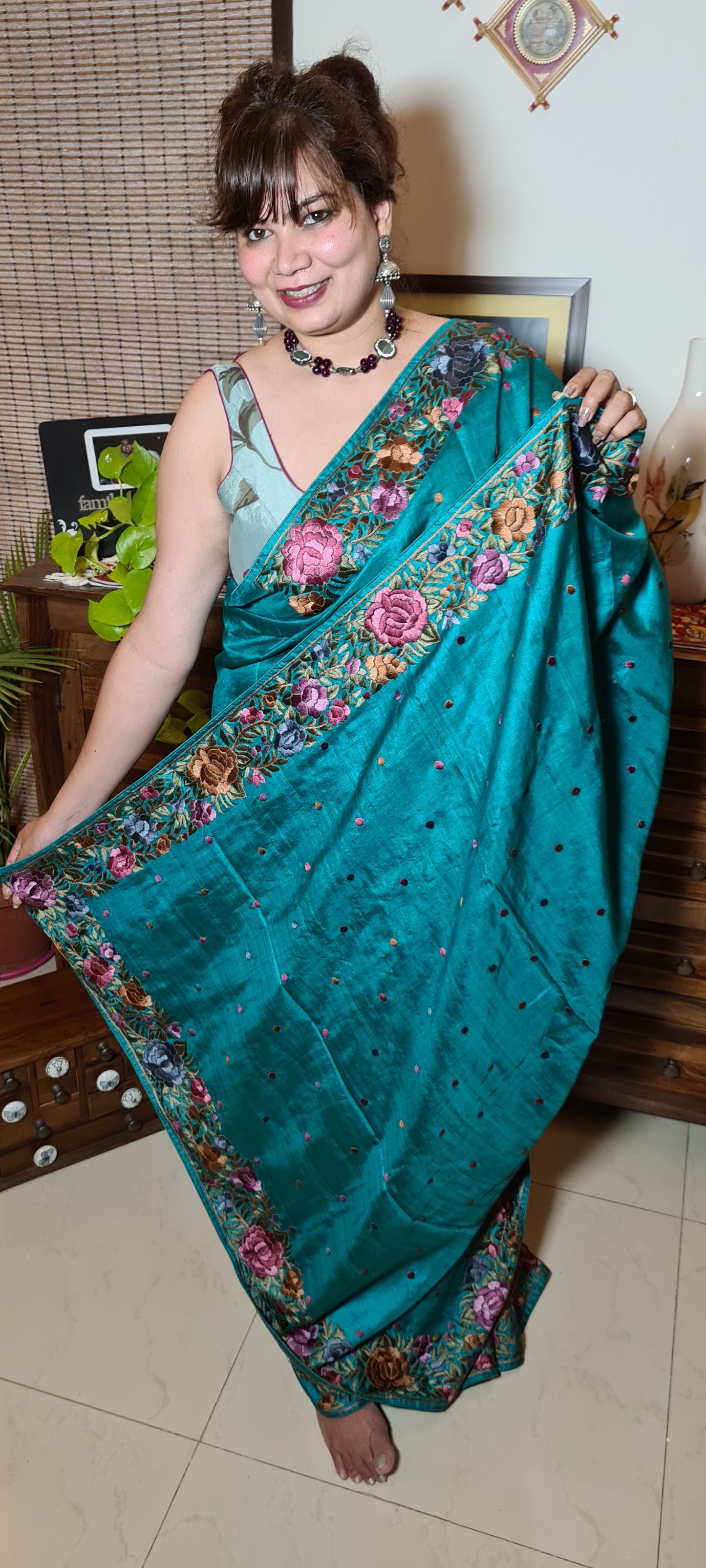 Zynah Made to Order Pure Tussar Silk Parsi Gara Handcrafted Saree; Custom Stitched/Ready-made Blouse, Fall, Petticoat; Shipping available USA, Worldwide