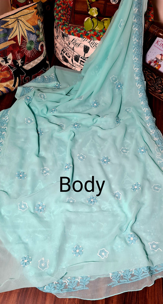 Zynah Teal green colored Georgette Lucknowi Hand embroidered Chikankari Saree; Custom stitched/ readymade blouse,fall,petticoat,available in USA
