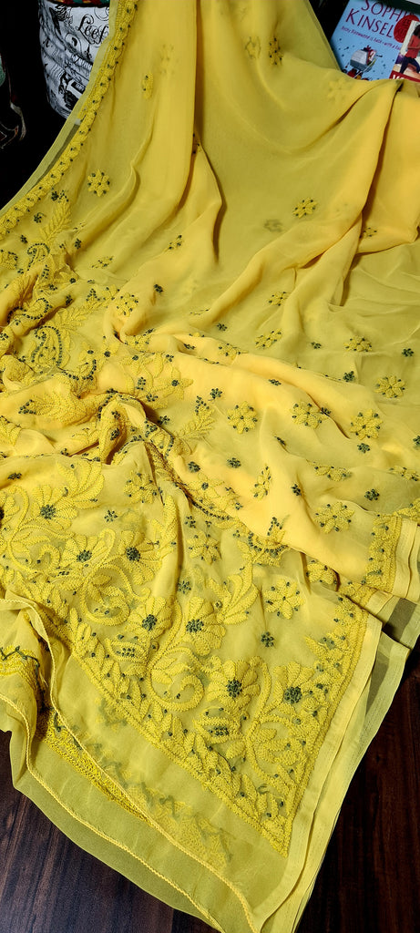 Zynah Lemon Yellow colored Georgette Lucknowi Hand embroidered Chikankari Saree; Custom Stitched/Ready-made Blouse, Fall, Petticoat; Shipping available USA, Worldwide