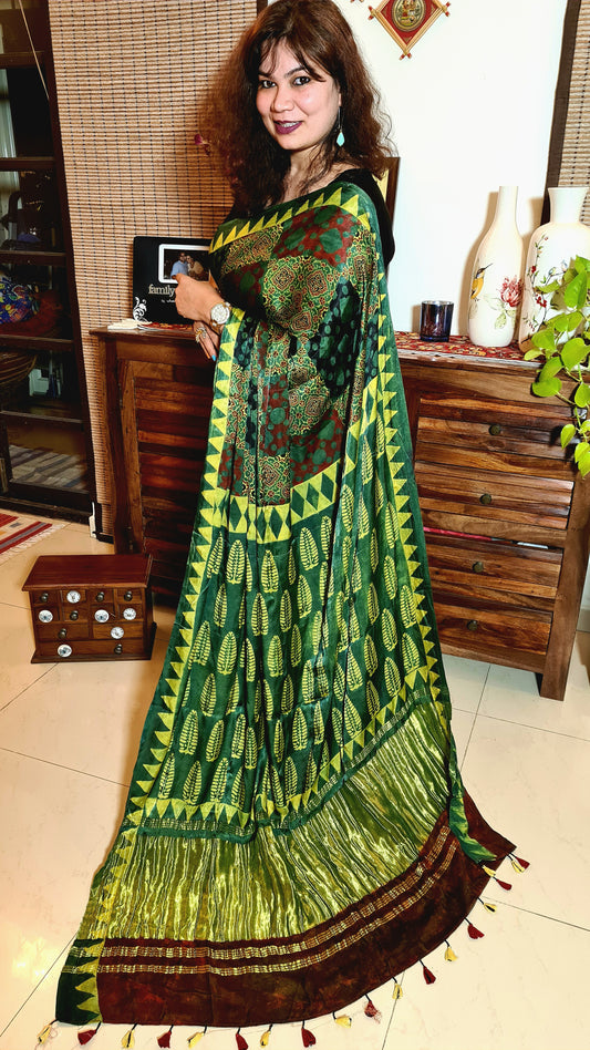 Zynah Pure Modal Silk Ajrakh Saree with Handblock Prints; Custom Stitched/Ready-made Blouse, Fall, Petticoat; Shipping available USA, Worldwide