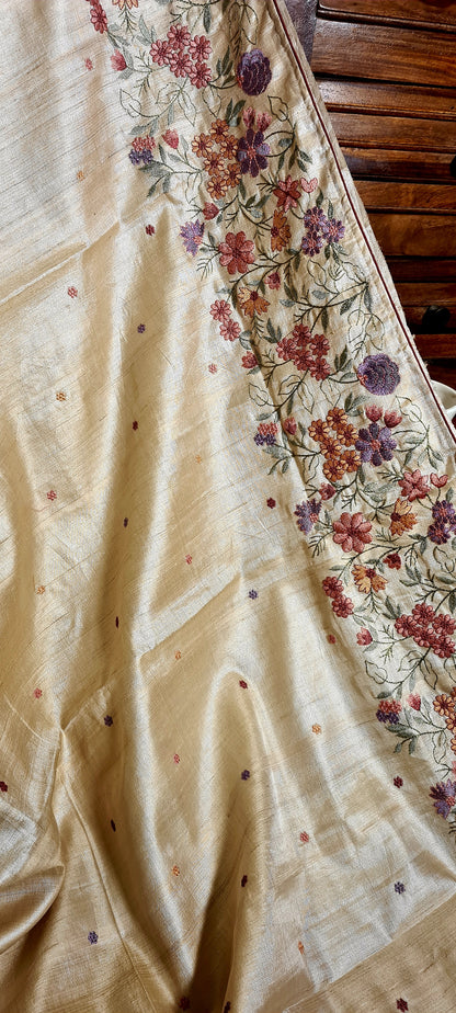 Zynah Pure Tussar Silk Embroidered Saree with Pure Satin Silk Bandhani Blouse; Custom Stitched/Ready-made Blouse, Fall, Petticoat; Shipping available USA, Worldwide