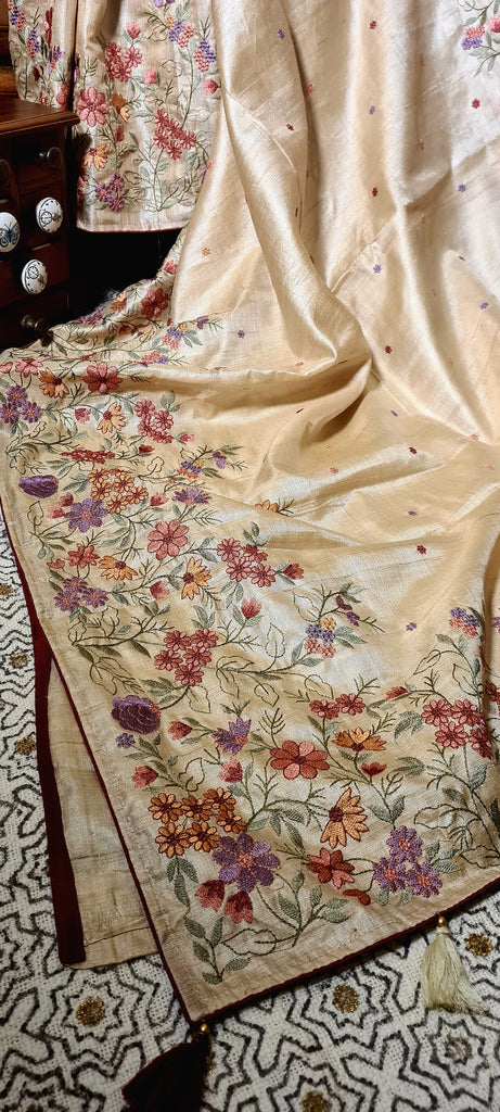Zynah Pure Tussar Silk Embroidered Saree with Pure Satin Silk Bandhani Blouse; Custom Stitched/Ready-made Blouse, Fall, Petticoat; Shipping available USA, Worldwide