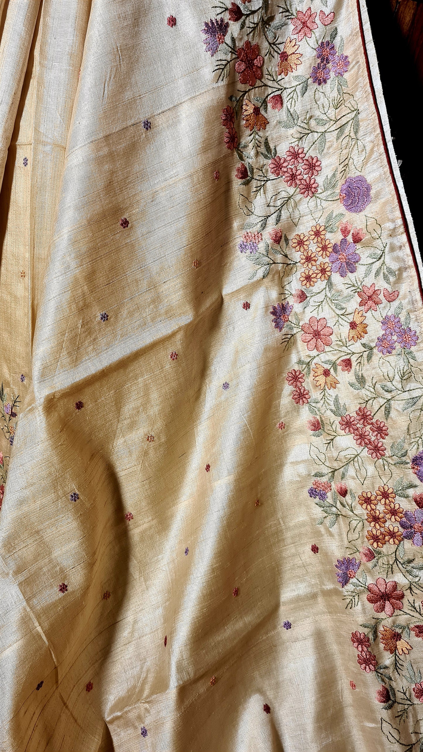 Zynah Pure Tussar Silk Embroidered Saree with Pure Satin Silk Bandhani Blouse; Custom Stitched/Ready-made Blouse, Fall, Petticoat; Shipping available USA, Worldwide