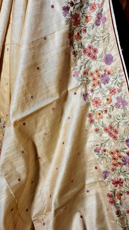 Zynah Pure Tussar Silk Embroidered Saree with Pure Satin Silk Bandhani Blouse; Custom Stitched/Ready-made Blouse, Fall, Petticoat; Shipping available USA, Worldwide