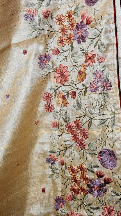 Zynah Pure Tussar Silk Embroidered Saree with Pure Satin Silk Bandhani Blouse; Custom Stitched/Ready-made Blouse, Fall, Petticoat; Shipping available USA, Worldwide