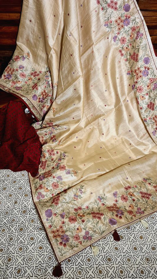 Zynah Pure Tussar Silk Embroidered Saree with Pure Satin Silk Bandhani Blouse; Custom Stitched/Ready-made Blouse, Fall, Petticoat; Shipping available USA, Worldwide