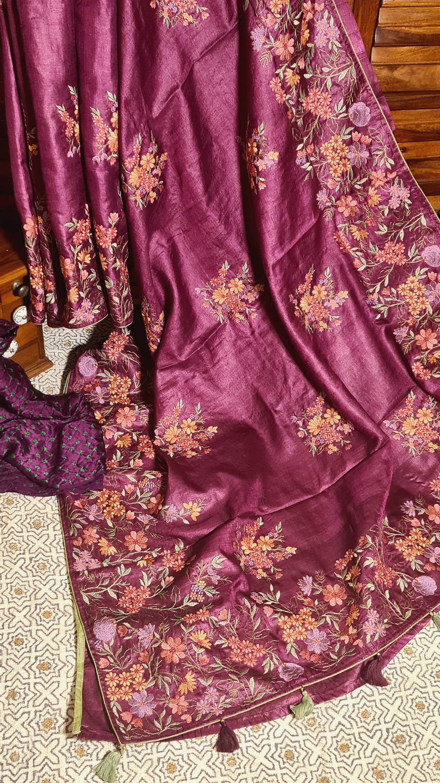 Zynah Pure Tussar Silk Embroidered Saree with Pure Satin Silk Bandhani Blouse; Custom Stitched/Ready-made Blouse, Fall, Petticoat; Shipping available USA, Worldwide