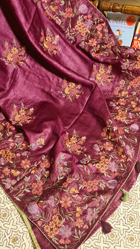 Zynah Pure Tussar Silk Embroidered Saree with Pure Satin Silk Bandhani Blouse; Custom Stitched/Ready-made Blouse, Fall, Petticoat; Shipping available USA, Worldwide