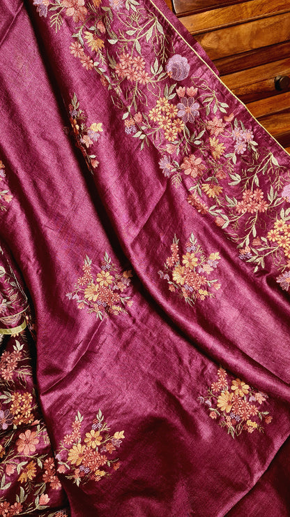 Zynah Pure Tussar Silk Embroidered Saree with Pure Satin Silk Bandhani Blouse; Custom Stitched/Ready-made Blouse, Fall, Petticoat; Shipping available USA, Worldwide