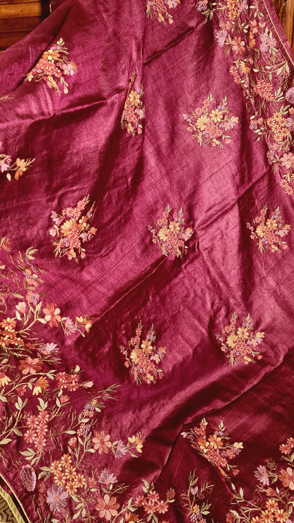 Zynah Pure Tussar Silk Embroidered Saree with Pure Satin Silk Bandhani Blouse; Custom Stitched/Ready-made Blouse, Fall, Petticoat; Shipping available USA, Worldwide