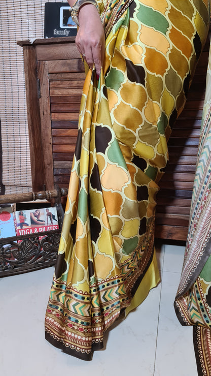Zynah Pure Satin Silk Digital Printed Saree; Custom Stitched/Ready-made Blouse, Fall, Petticoat; Shipping available USA, Worldwide