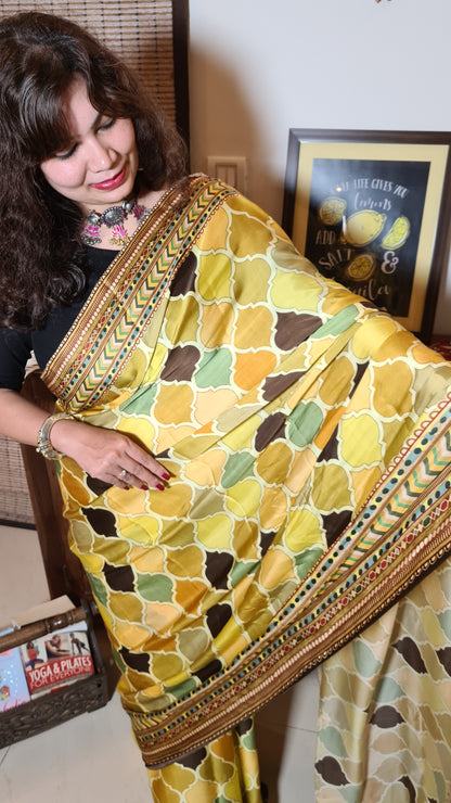 Zynah Pure Satin Silk Digital Printed Saree; Custom Stitched/Ready-made Blouse, Fall, Petticoat; Shipping available USA, Worldwide