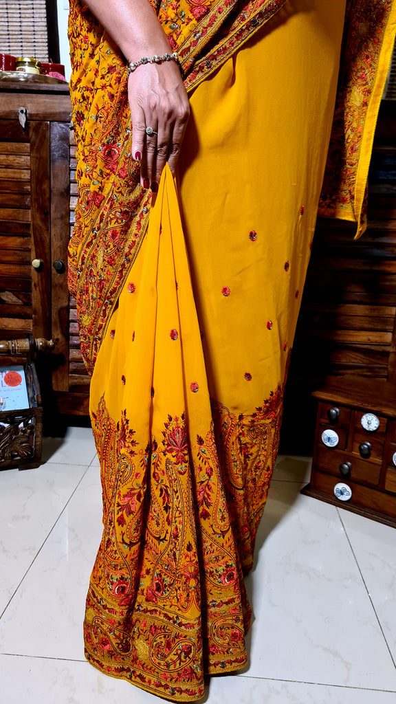 Zynah Pure Georgette Saree with Kashmiri Kashida Inspired Embroidery; Custom Stitched/Ready-made Blouse, Fall, Petticoat; Shipping available USA, Worldwide