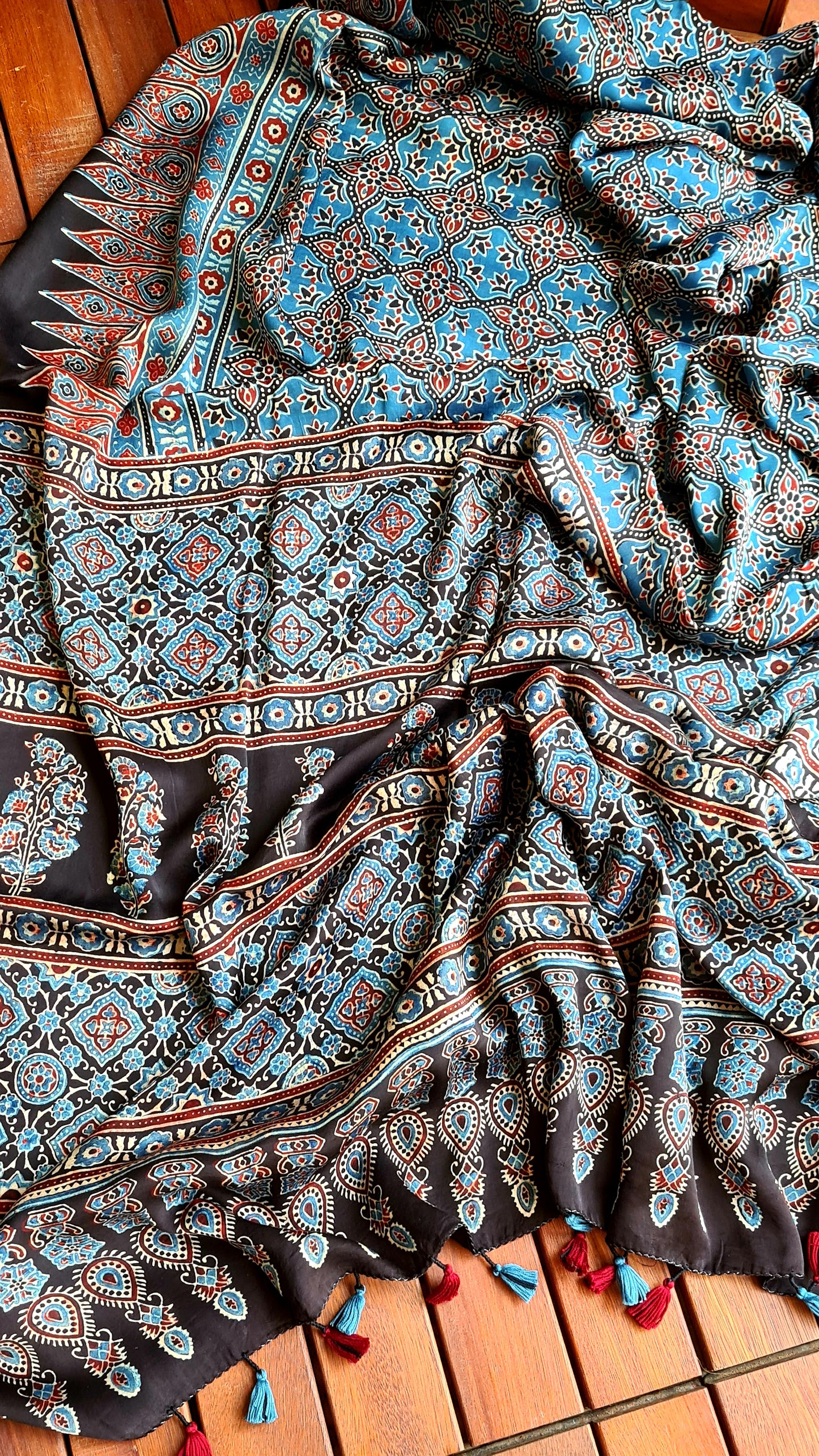 Zynah Pure Modal Silk Ajrakh Saree with Handblock Prints; Custom Stitched/Ready-made Blouse, Fall, Petticoat; Shipping available USA, Worldwide