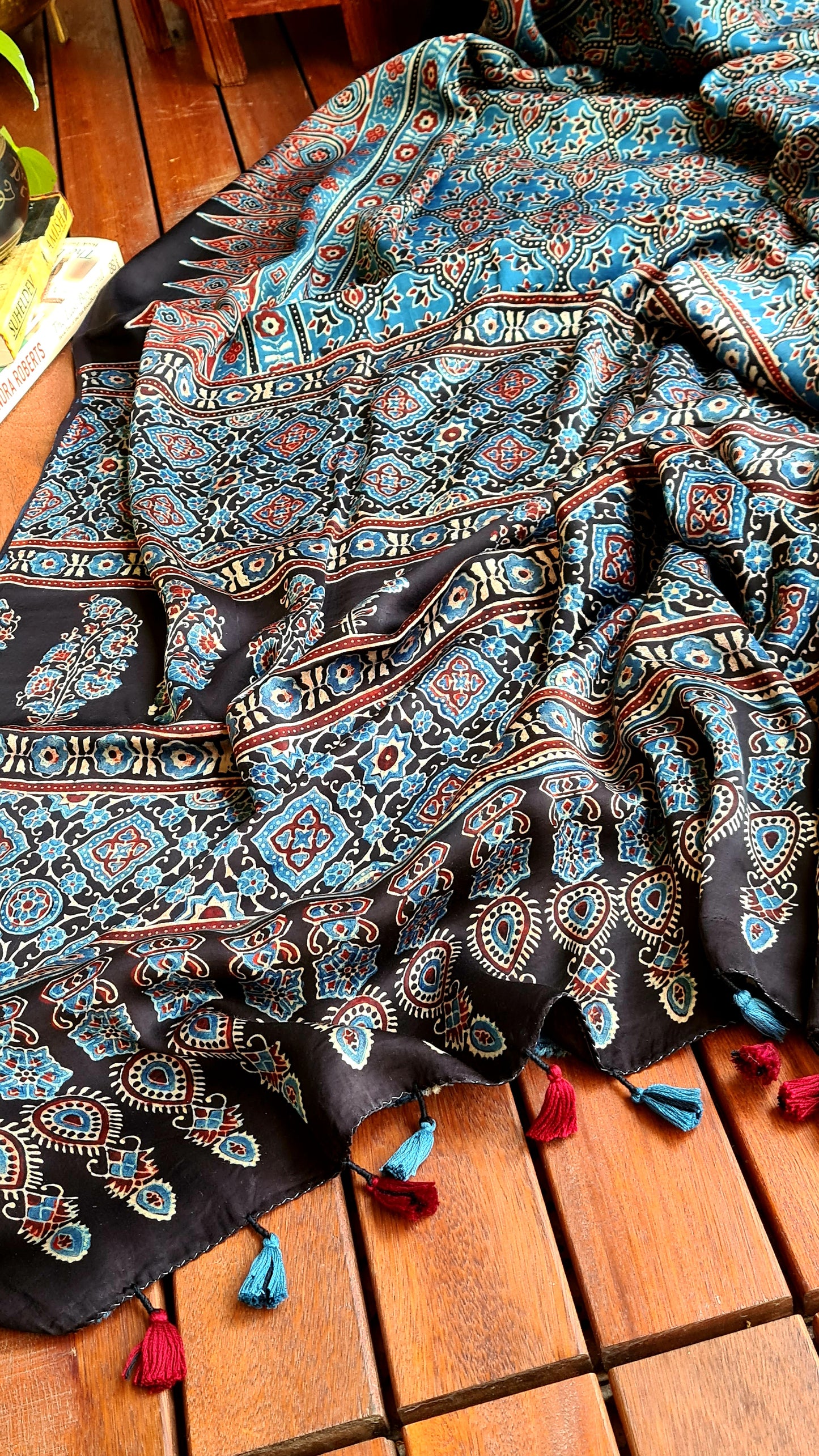 Zynah Pure Modal Silk Ajrakh Saree with Handblock Prints; Custom Stitched/Ready-made Blouse, Fall, Petticoat; Shipping available USA, Worldwide