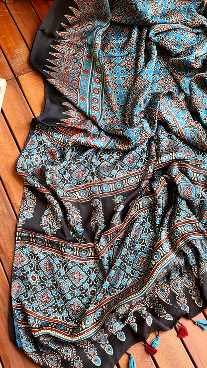 Zynah Pure Modal Silk Ajrakh Saree with Handblock Prints; Custom Stitched/Ready-made Blouse, Fall, Petticoat; Shipping available USA, Worldwide